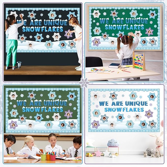 QOUBAI Winter Bulletin Board Decorations Snowflakes Paper Cutouts DIY Photo Crafts Christmas Bulletin Board Set for Winter Holiday Classroom Chalkboard Wall Door Decor Home School Supplies