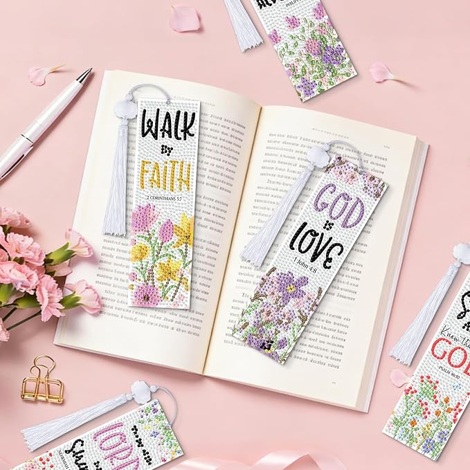 8 Pieces Christian Bible Verse Diamond Art Bookmarks 5d Christian Beaded Bookmark Acrylic Tassel Bookmark for DIY Making Beginners Adults Arts Craft Supplies (Christian-1)
