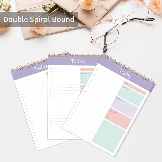KMQOY To Do List Notepad - 3 Pack Daily Planner Pad Undated 52 Sheets Spiral Today Planner Note Pad Premium Thick Paper 6.5" x 9.8" For Work and Personal Organized(Purple)