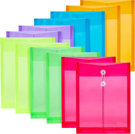 12 Pack Assorted Colors Plastic Envelopes Poly Envelope Expandable File Document Folders with Button & String Tie Closure - Letter A4 Size - 1-1/4 Inch Expansion - for School Office and Home