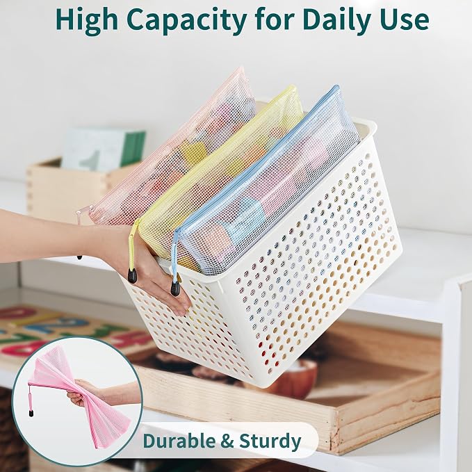 JARLINK 16pcs Mesh Zipper Pouch for Organizing, A4 Size Waterproof Zipper Storage Bags, 8 Colors Plastic File Pouch, Multipurpose for Travel, School, Board Game, Puzzles, Office, and Home Organize