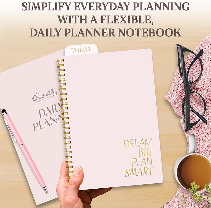 Decorably 168 Pages Undated Daily Notebook for Work with Hourly Schedule - 6.3x9.3in Gold Spring-Bound, with Top Priorities, to-dos, Notes, Ideas & Inspirational Quotes - Home, School, Office