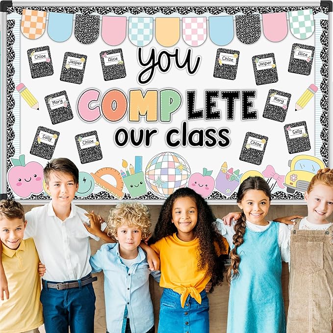 Composition Notebook Bulletin Board Decoration Set Welcome Classroom Decoration You Complete Our Class Bulletin Board Pastel Notebook Pencil Cutouts for School Classroom Chalkboard Wall Decor Supplies