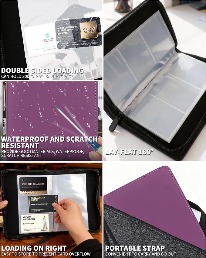 Leather Business Card Book Holder Organizer, Professional Name Card Book Holder with 300 Card Capacity, Portable PU Credit Card Wallet File Sleeve Storage for Men Women,50 Pack Sleeves (Dark Purple)
