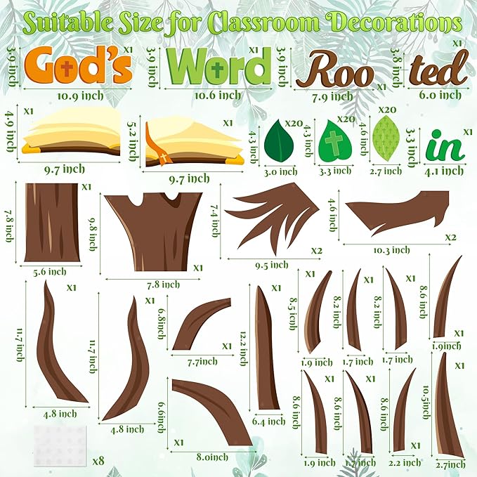 CY2SIDE Leaves Bible Tree Bulletin Board - 86PCS Rooted in God’s Word Tree Bulletin Board Set Green Leaves Name Tag Trees Cutouts Trim Borders for Faith Religious Sunday School Wall Decor