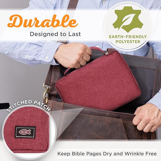 Christian Art Gifts Men/Women's Bible Cover Jesus Fish, Red Canvas, Large