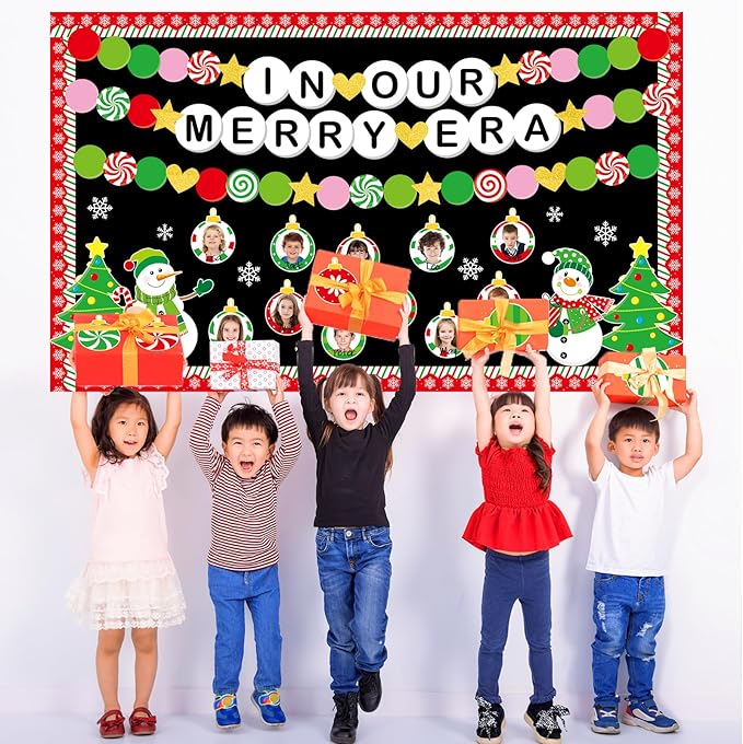 Christmas Era Bulletin Board Set Christmas Ball Friendship Bracelet Classroom Decoration DIY Photo Crafts Xmas Tree Bulletin Board Snowflake Snowman Cutouts for Winter Holiday Chalkboard Wall Decor