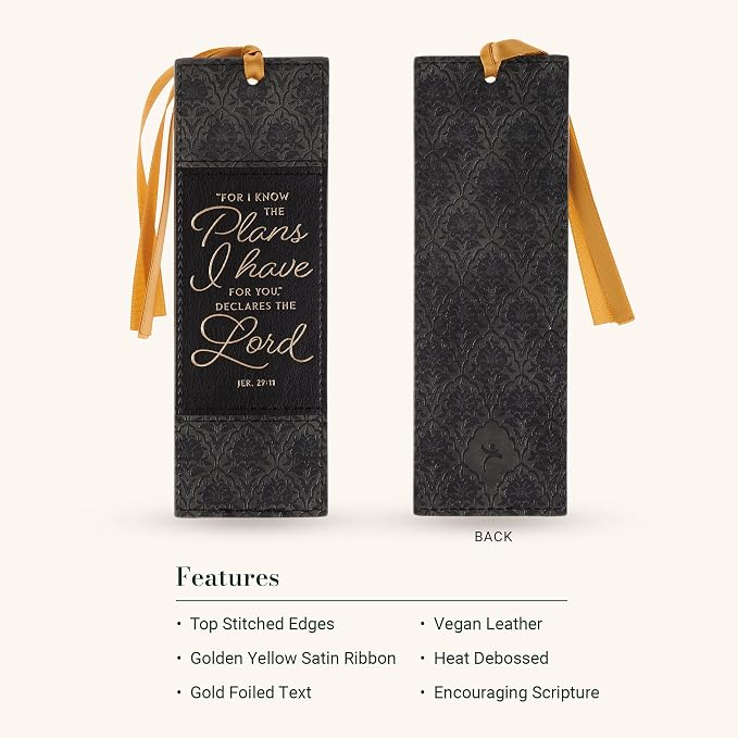 Christian Art Gifts Premium Faux Leather Charcoal & Black Floral Scripture Bookmark for Women: Know the Plans Golden Inspirational Bible Verse, Gold Satin Ribbon Markers for Reading, Marking Pages