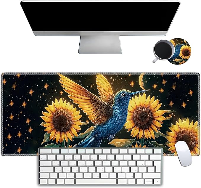 Mouse Pad Gaming Mousepad 31.5x11.8 Inch XXL Large + Coasters,Desk Mat with Stitched Edges, Non-Slip Rubber Base, Thick Mouse Pad for Computer, Laptop, Office & Home - Sunflower Hummingbird