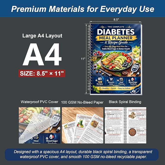 Diabetes Meal Planner & Cookbook for Beginners, Spiral Bound for Type 2 Diabetes with 128 Recipes, Weekly Meal Plans, Grocery Lists, Waterproof PVC Protective Cover, 100 GSM No-Bleed Recyclable Paper