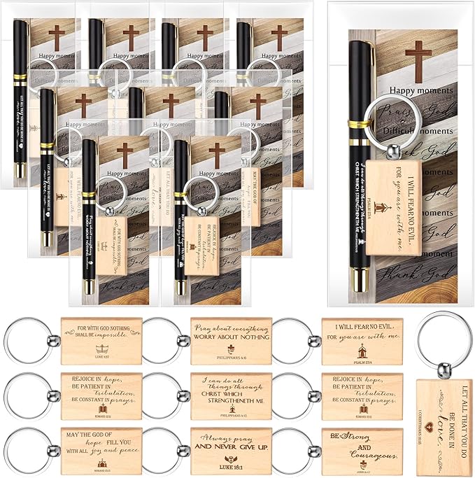 Spakon 10 Sets Father Day Church Gifts Bulk Mens Christian Mini Bible Verse Wooden Keychains Scripture Religious Pens with Cross Prayer Bookmarks Faith Gifts for Women Dad Pastor Sunday School