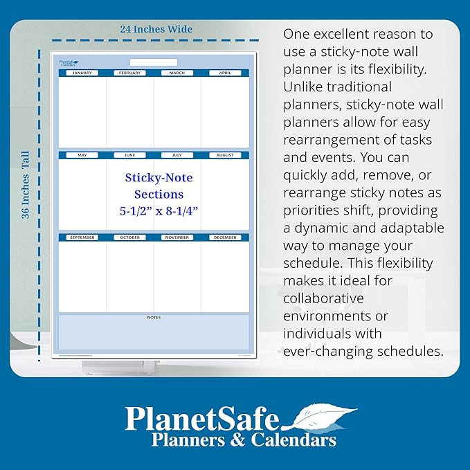 Sky Blue 12-Section Objective Planner: Vertical 36"x 24", Jan-Dec. Complete with Dry-Erase Marker, Eraser & 200 Sticky Notes