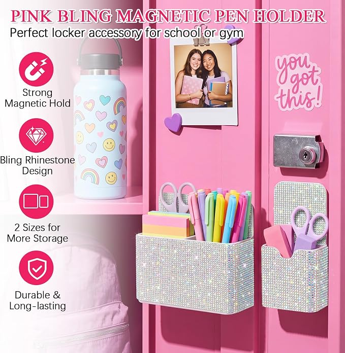 MotiMind 2 Pcs White Bling Magnetic Marker Holder Women Girl Locker Accessories Marker Pen Pencil Holder for Refrigerator Whiteboard Sparkly Gift Desk Organizer for School Office (Rhinestone)
