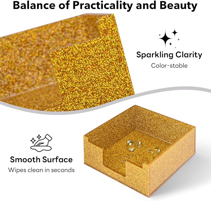 Gold Sparkling Sticky Note Holder, Glitter Acrylic Organizer, 3.94 x 3.94 in Multi-Use Tray for Office, School & Home Desk