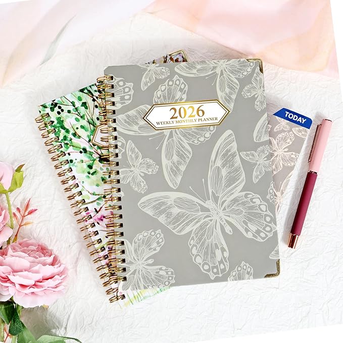 2026 Planner, Jan.2026 - Dec.2026 Planner Weekly and Monthly 6.25"x8.5" with Page Tabs, Calendar Hardcover with Inner Pocket, Elastic Band, Twin-Wire Binding, Bookmark, Gray Butterfly