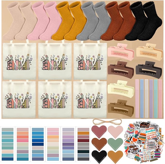 Resurhang 6 Sets/92 Pcs Blind Date with a Book Gift Supplies Book Lovers Gifts Books Club Gifts Kits Including Wildflower Canvas Bags Bookmarks Stickers Bookish Librarian Readers Gift for Women Men