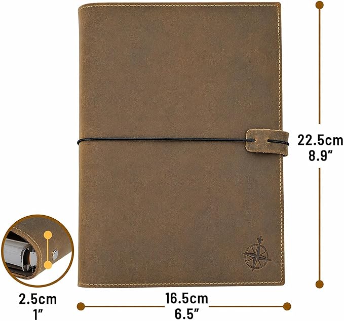 WANDERINGS A5 Leather Binder Planner - Refillable 6 Ring Journal with Inner Pockets - Hand-Crafted Genuine Leather Organizer- Filofax Compatible. 2026/27 Monthly Weekly Calendar with Notes - 6"x8.5"