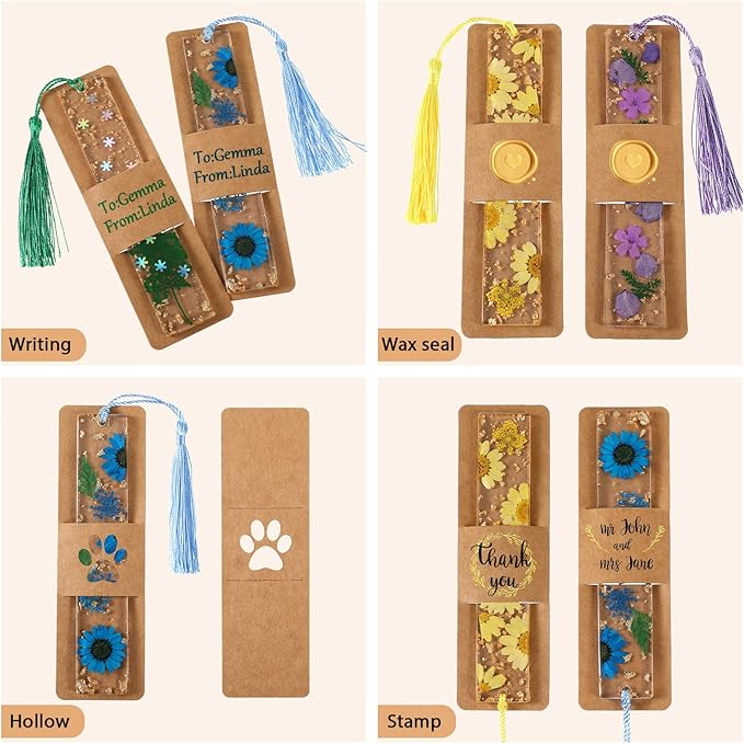 Fumete 50 Pieces Resin Bookmark Holder Bulk 5.9 x 1.8 Inches Kraft Bookmark Sleeves DIY Display Cards for Wrapping Small Business Packaging Supplies Party Favor Gifts(Cute,Brown)