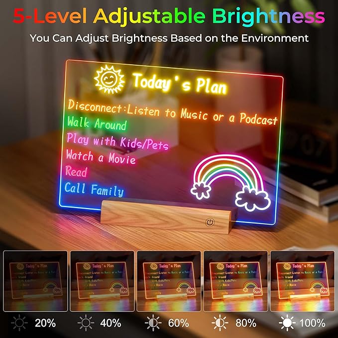 Rechargeable 11.8”×7.9” Glow Doodle LED Note Board with Colors,2 Modes&7 Colors with Remote Control,LED Drawing Board for Office/Café/Home Decor&Message,Birthday/Holiday Gifts,Wood Grain