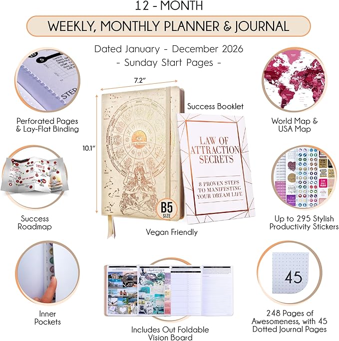 Deluxe 2026 Planner Weekly and Monthly | Law of Attraction Planner with Productivity App | 12-Month for Productivity, Gratitude & Goal Setting | Includes Foldable Vision Board, Gift Box & Stickers