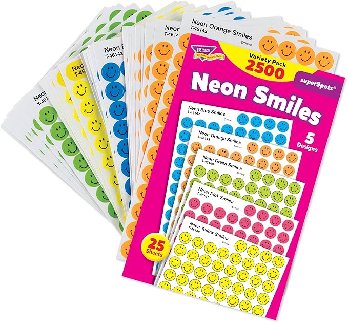 TREND ENTERPRISES: Neon Smiles, superSpots Stickers, Great on Homework, Incentives, Crafts and as Collectibles, 5 Different Designs, 25 Sheets Included, For Ages 3 and Up