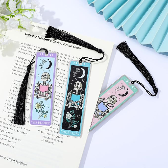 3Pcs Unique Skull Reader Bookmark - Metal Bookmark with Black Tassel, Star and Rose Pattern, Engraved “THE Reader” for Dark Gothic Lovers, Women Readers Fantasy Gift Gothic Gift (3PCS C)