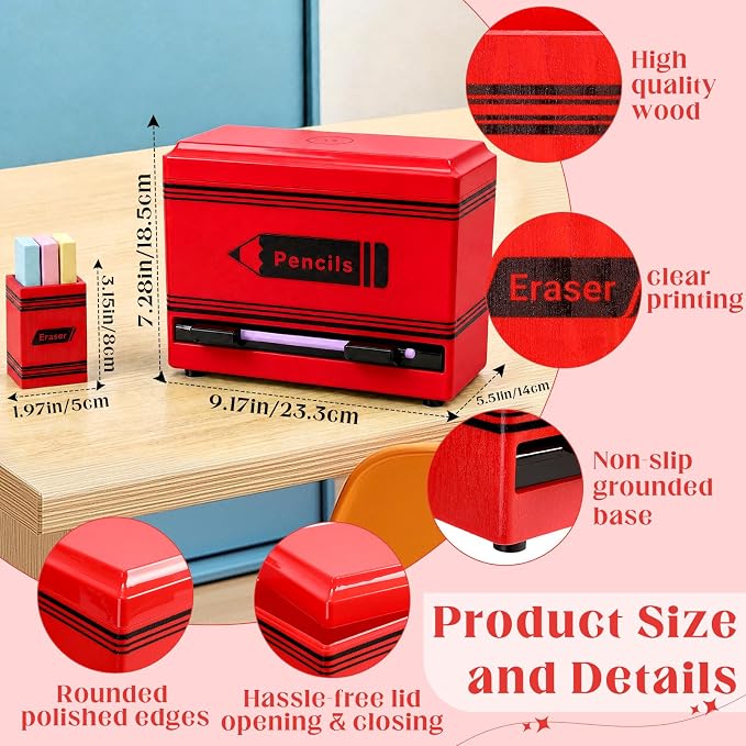 Gueevin 2pcs Pencil Dispenser for Classroom, Fun Desk Organizer with Eraser Holder, Interactive Pencil Storage for Teachers, Students & Homeschool Desk Organizer, Back to School Supplies(Red)