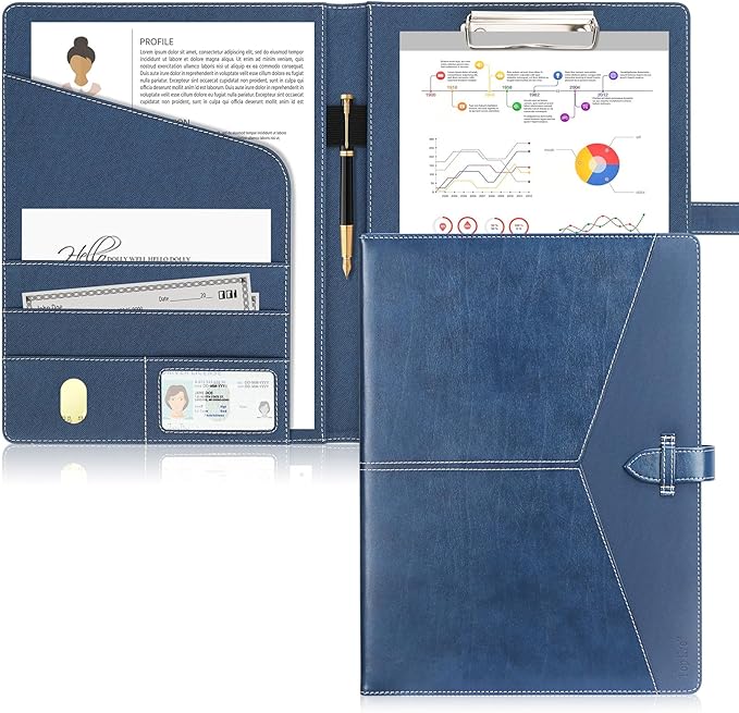 Toplive Padfolio 3 Ring Binder Organizer Business Portfolio Folder for Women, A4/ Letter Size PU Leather Portfolio Padfolio for Interview Conference Presentation (Blue -with Clipboard)