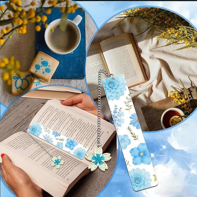 Cute Flower Bookmark Metal Bookmarks Book Marks for Reading Women Kids Bookmarks for Book Lovers Book Markers for Women Reading Accessories (Blue Flower)