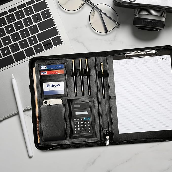 Eshow Leather Portfolio Professional Business Padfolio with Hidden Handle - Interview Resume Notefolio Premium Legal Document Organizer with Card Holder, Notebook and File Folders for Men and Women