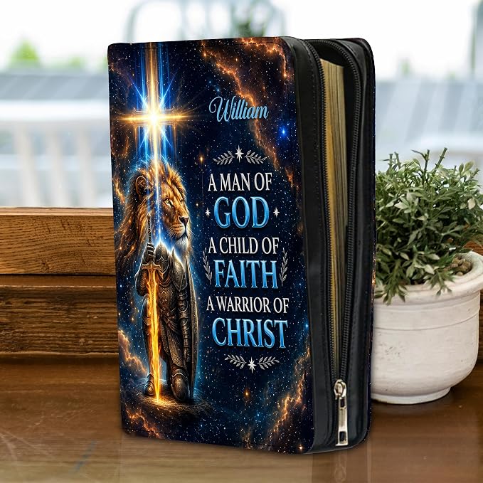 Personalized Man of God Bible Cover for Men, Christian PU Leather Bible Case with Handle Zipper, God Says I Am Warrior Scripture Bible Holder, Religious Gift for Men (Warrior of Christ 2)