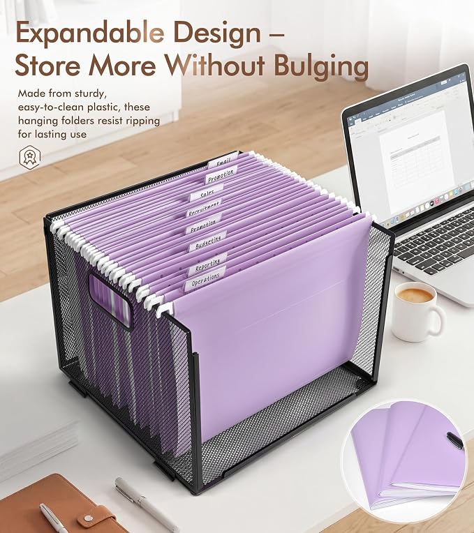 Plastic Hanging File Folders Letter Size, Colored Hanging File Folders with Tabs, Durable Waterproof Plastic Hanging Folders for Filing Cabinets, Office, School & Home Organization (15, Purple)