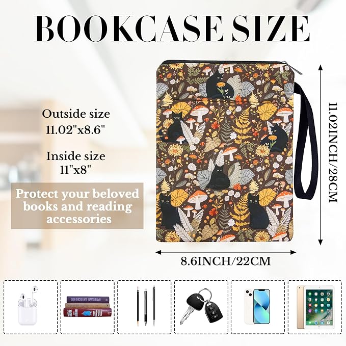 Waterproof Book Sleeve Pouch - Black Cat Books Cover Protector for Paperbacks Portable Bookworm Accessories with Pocket and Handle Flower Mushroom Bookish Gifts for Women Teacher Student