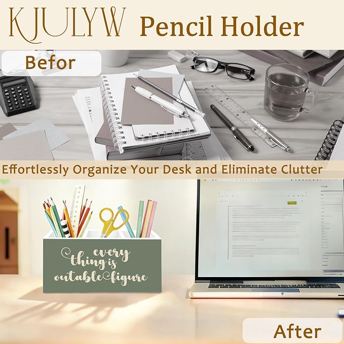Everything Is Figureoutable Motivational Pen Holder for Desk, Inspirational Gifts for Women Men Coworkers Wooden Box Pencil Pen Holder Organizer for Home Office Desk Accessories