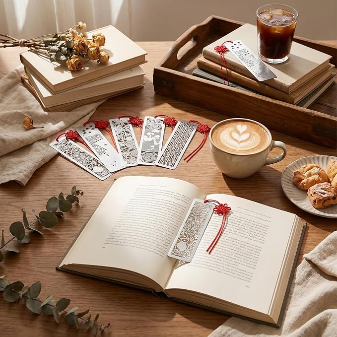 Outus 8 Pcs Hollow Metal Bookmarks Elegant Silver Gifts Classic Metal Hollow Chinese Page Marker for Women Men Stainless Steel Bookmark with Red Flower Knot