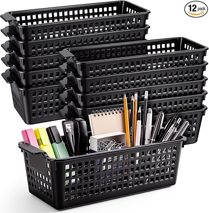 Domensi Black 12 Pcs Slim Plastic Storage Baskets for Organizing 11.6" x 5" x 3.4" Small Narrow Storage Bins with Handles & Label Area Thin Pencil Trays for Bathroom Drawer Office Desk Closet