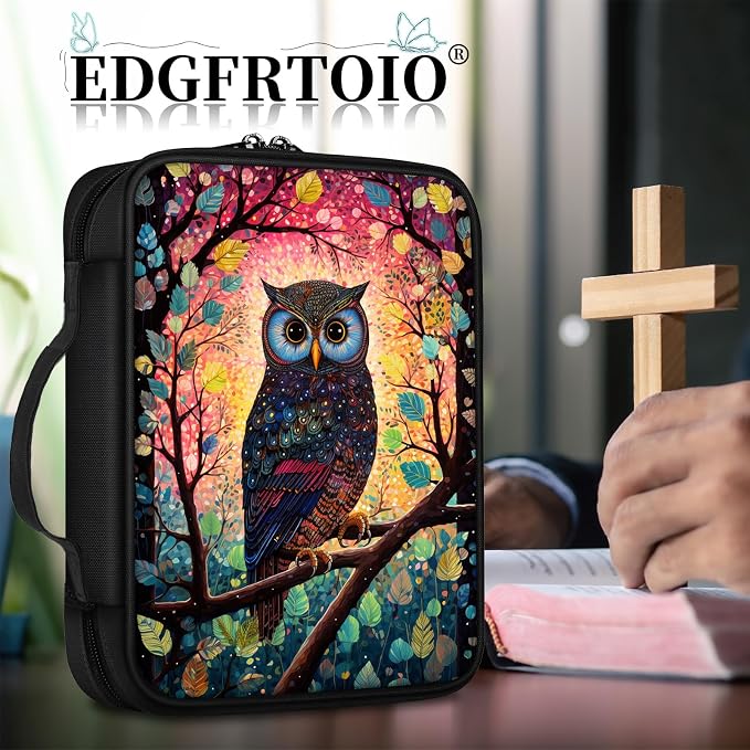 Bible Cover, Owl Colorful Leaves Case With Handle and Zippered Pocket, Standard Size Holy Bible Bag, Women Gifts, Church Bag Portable Carrying Book Case for Study