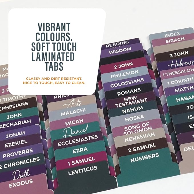 OFFILICIOUS Bible Book Tabs, 100 Soft-Touch, Laminated Bible Tabs for Jesus Bible, Durable Tabs for Bible, Protestant & Catholic Bible Tabs Large Print, Purple & Blue Bible Tabs for Women & Men