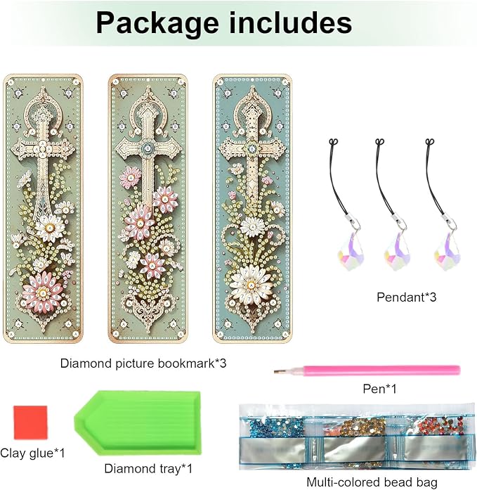 Tontut 3pcs Diamond Art Painting Kit Bookmarks, Cross Fine Universal DIY Bookmarks, Lightweight and Durable for Reading Lovers