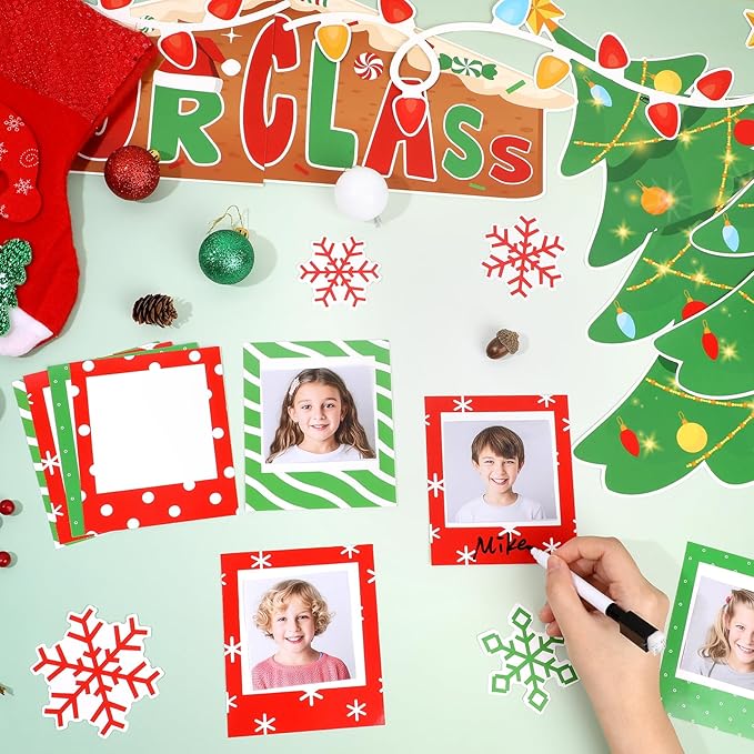 gisgfim Christmas Bulletin Board Decorations Set Xmas Our Class is Family Picture Frame Paper Cutouts Merry Christmas Tree Photo Name Tag Bulletin Board Decor for Winter Holiday School Chalkboard Wall