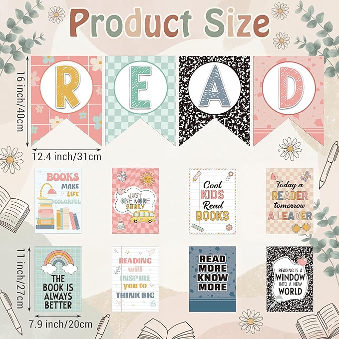 Reading Classroom Decorations Library Posters Bulletin Board Sets for Elementary Classroom Pennants Decor for Back to School Nursery Library Teacher Supplies(Bohemian Colors)