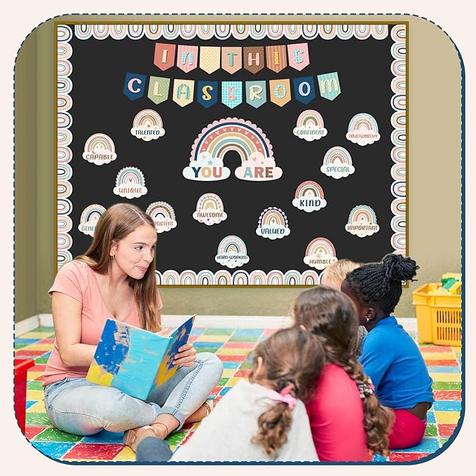 Dispowreath 51 Pcs Boho Inspirational Bulletin Board Set Rainbow Bulletin Board Border Boho Motivational Cutouts for Back to School Chalkboard Wall Classroom Decoration