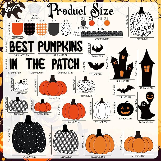 VABAMNA Halloween Fall Bulletin Board Decorations for Classroom, 95 Pcs Black Orange Autumn Pumpkin Patch Bat Paper Cutouts Borders Trim for Home School, Halloween Thanksgiving Harvest Party Supplies
