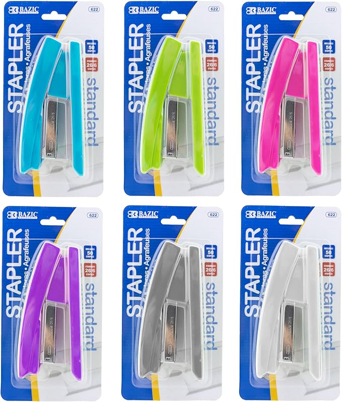 BAZIC Products Desktop Stapler Standard (26/6), 20 Sheets Bright Color Desktop Staplers for Home Office School, 144-Packs