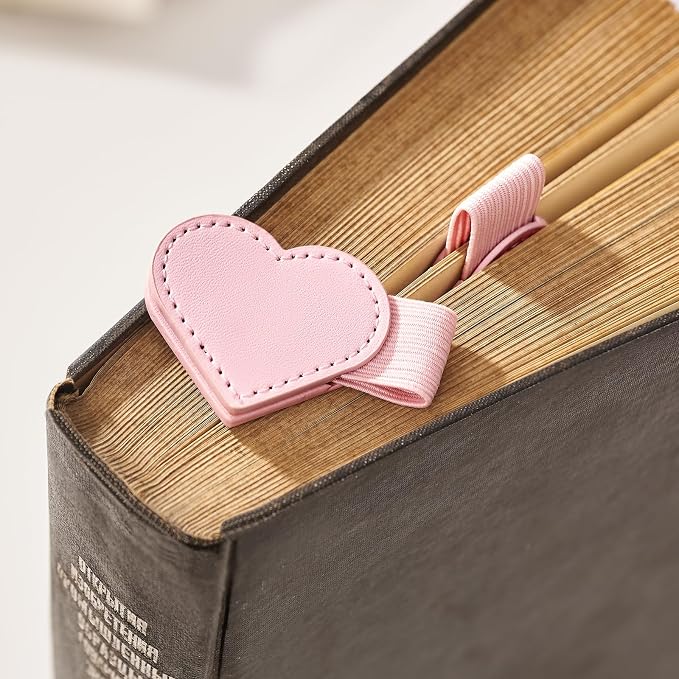 2Pcs Magnetic Leather Bookmarks with Gift Box Heart-Shaped Magnetic Pen Holder Book Marks Clip Gift for Book Lover Readers Cute Bookmark for Women, Pink