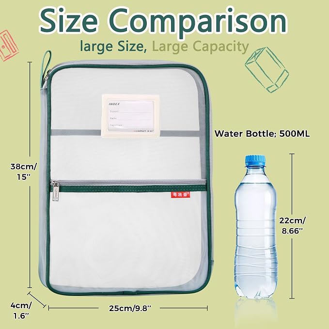 Pendancy Mesh Zipper Pouch 14.8x10.8 in Transparent Lightweight Nylon File Folders, A4 Size Multi-Layer Subject Document Organizer Accessories Storage Bag for Office and School Supplies(Green)
