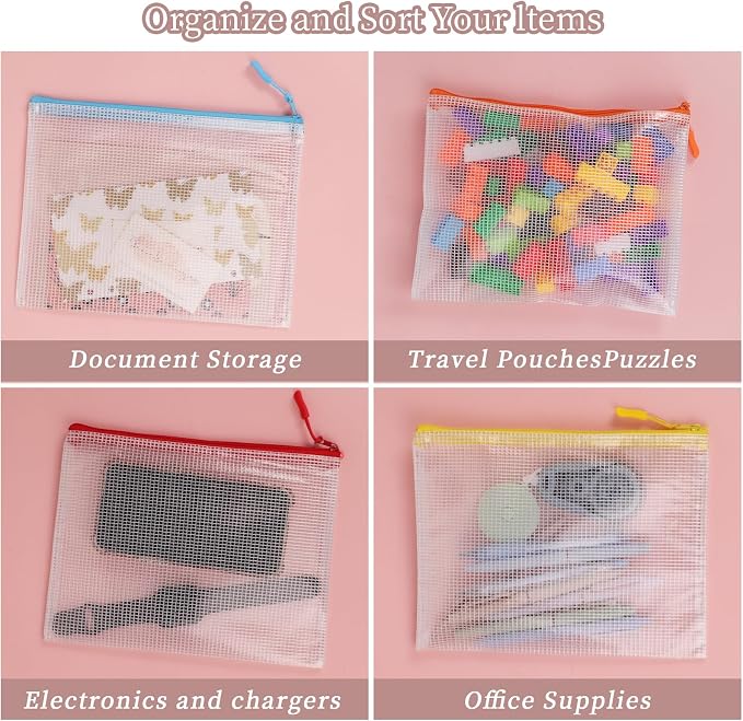Multibey 10 Pack 10 Colors Mesh Zipper Pouch Bags, A5-9.5 x 7.3 Inch Waterproof Mesh Stoage Pouch for Organizer, Plastic Zip Bags Small Mesh Pouch for School Office Home Travel Storage