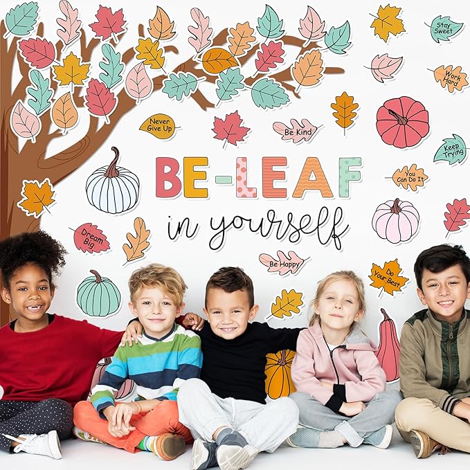 JarThenaAMCS 73Pcs Fall Tree Bulletin Board Decoration Motivational Boho Maple Leaf Pumpkin Cutouts for Autumn Thanksgiving Classroom Wall Chalkboard Decor