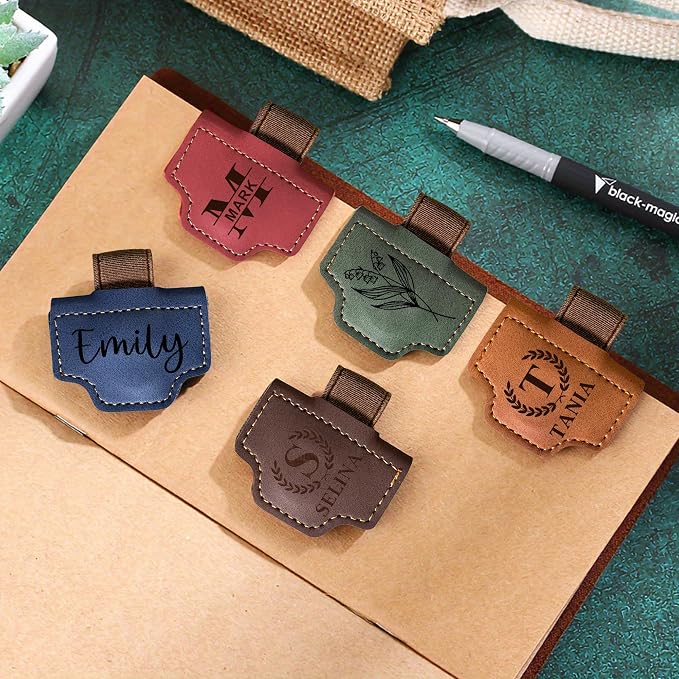 EDSG Personalized Magnetic Bookmark, Engraved Leather Bookmark Clip with Pen Holder, Laser Engraved Book Marks with Birth Flower Mothers Bookmarks Gifts for Men Women Teachers (Green-Magnetic V2)
