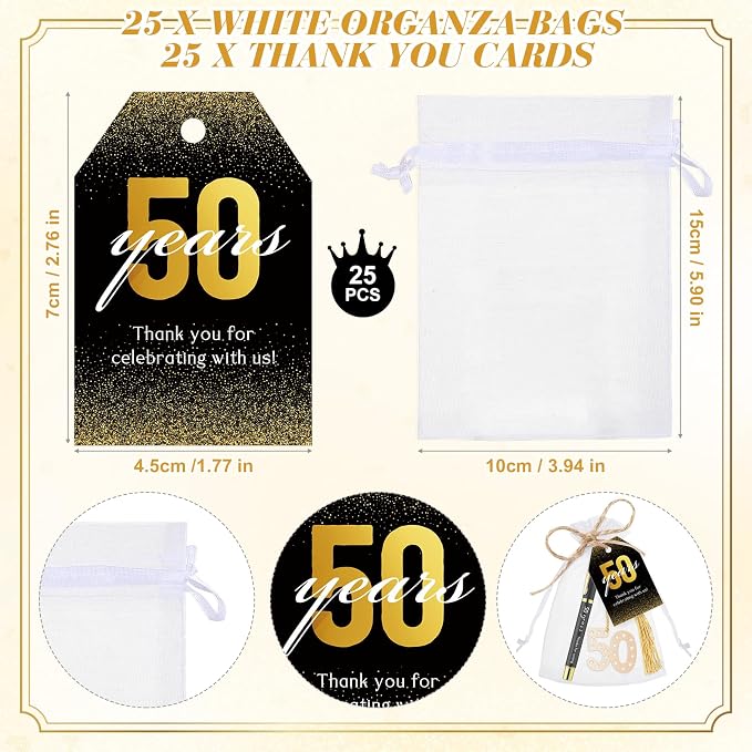 Spakon 25 Set 50th Birthday Party Favor for Guest Anniversary Party Favor Golden Birthday Bookmark Thanks Coming Pen with Tag Appreciation Gifts for Fathers Day Women Men Wedding Anniversary
